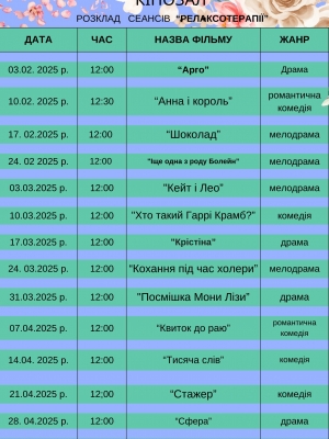 Розклад кіносеансів у читальному залі ЦБ